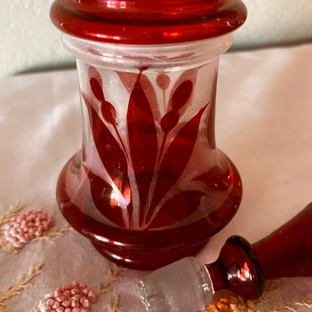 Vintage Ruby Red Decanter with Stopper Bohemian Style Glass Floral Etched Design